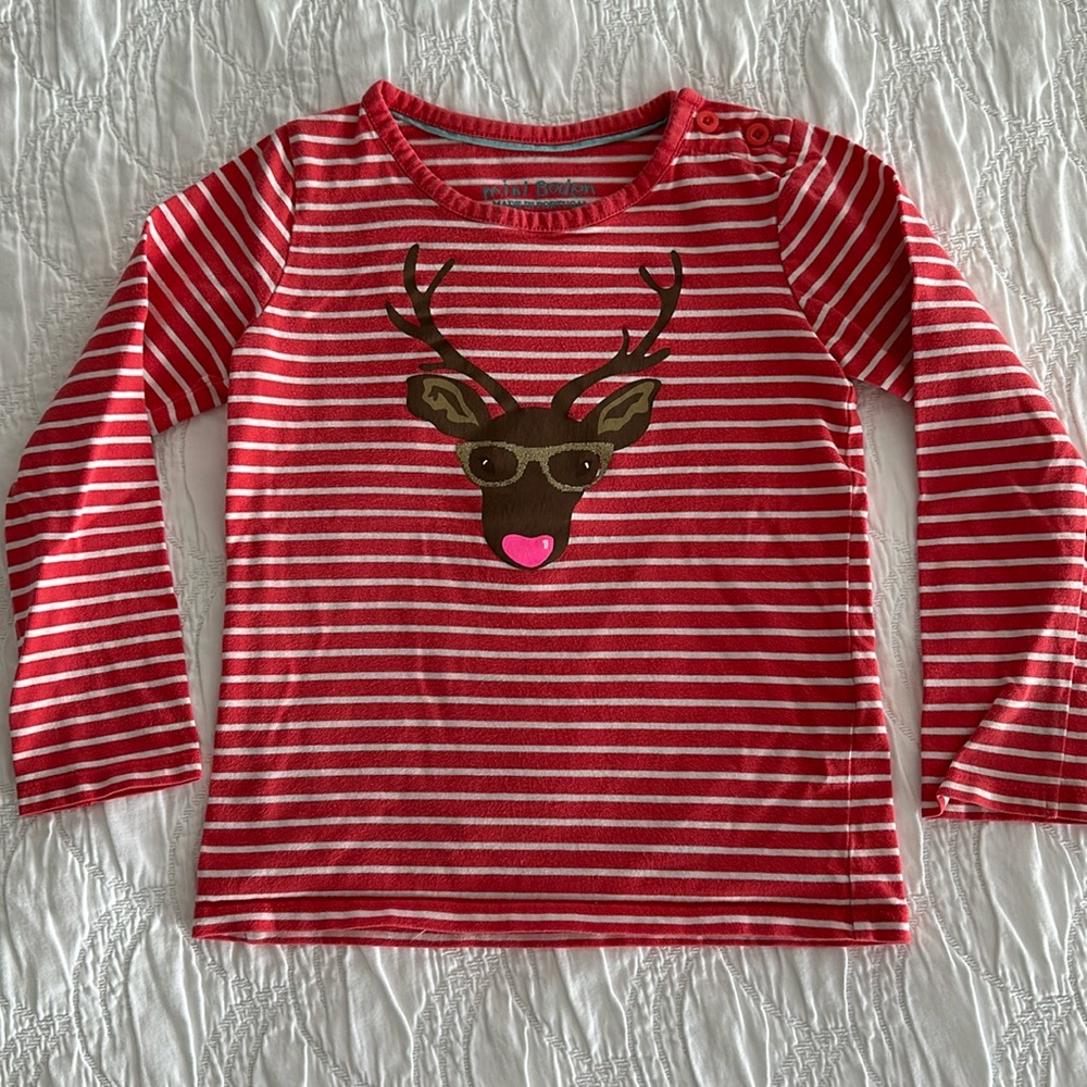 Mini Boden Red and White Striped Reindeer Long Sleeve Tee Size 2/3T. EUC.